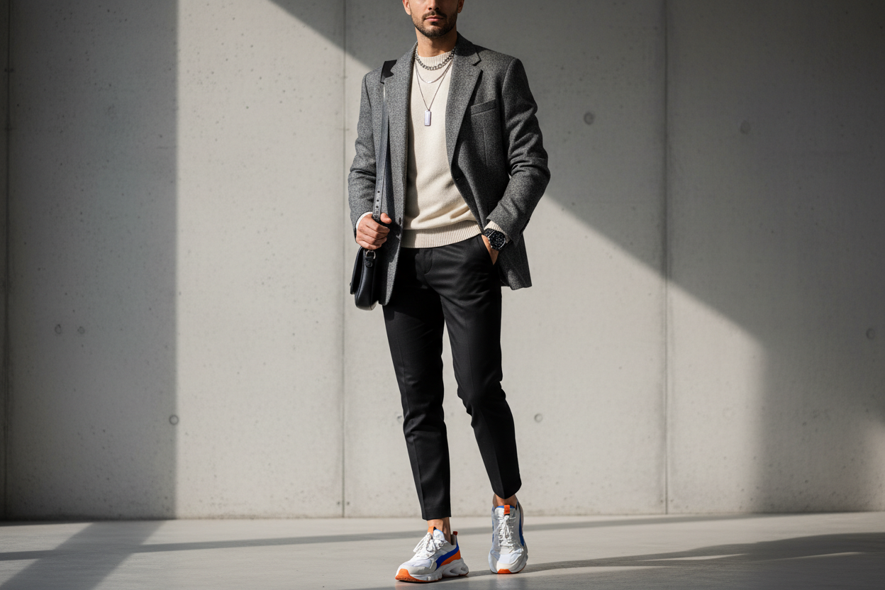 Dame la imagen de un hombre con ropa de la última tendencia de moda