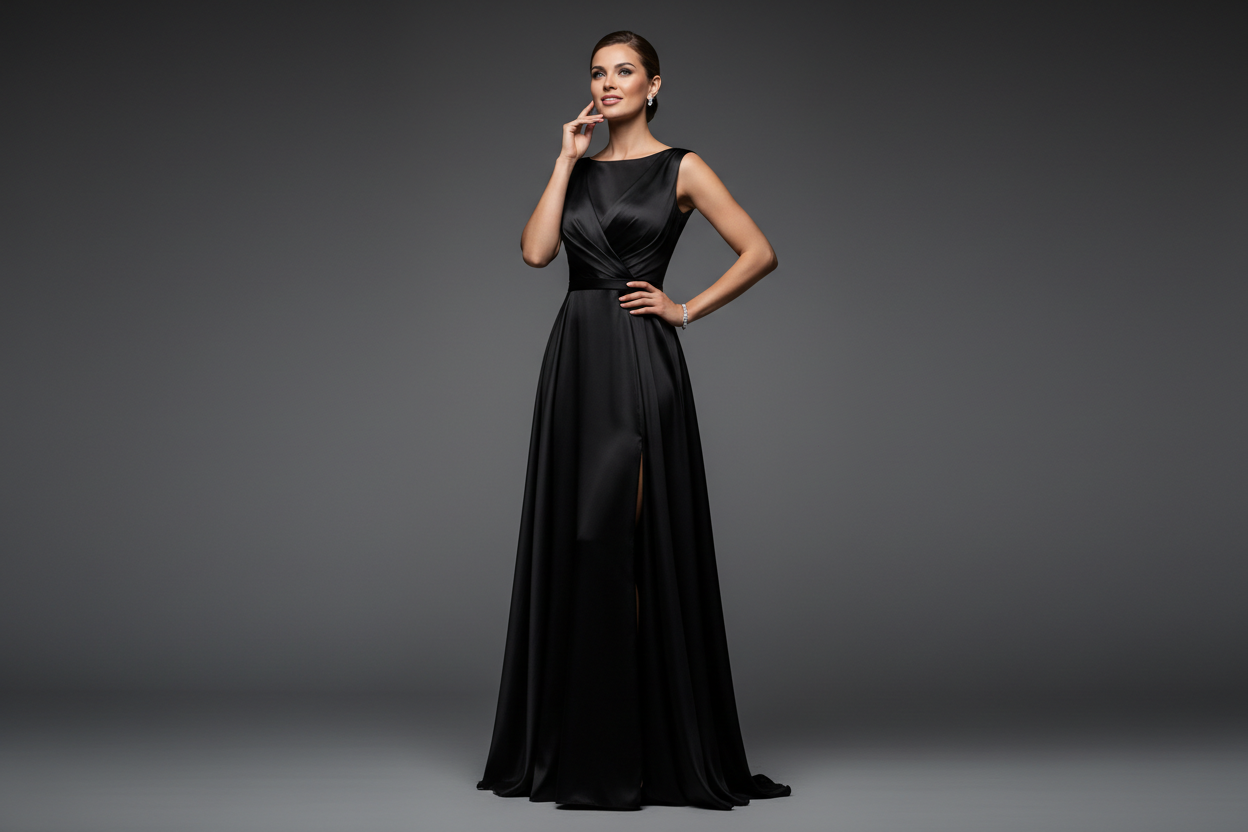 Dame una imagen de una modelo súper sexy con un vestido negro